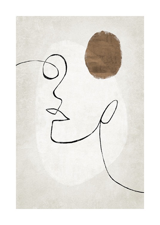  – Illustrasjon med abstrakte former og et ansikt i line art mot en beige bakgrunn