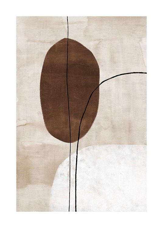  – Maleri med abstrakte former og linjer i svart og brunt mot en beige bakgrunn