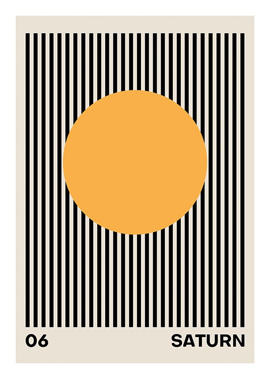  – Grafisk illustrasjon med svarte striper mot en beige bakgrunn, med en oransje sirkel i midten