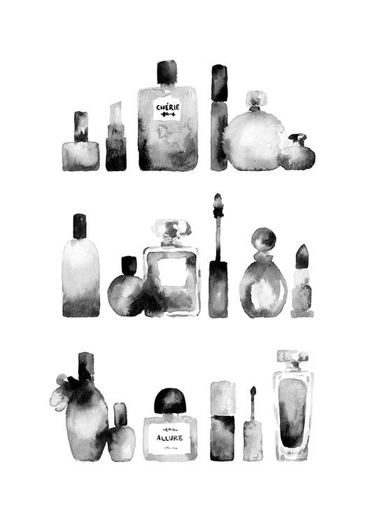  - Svart-hvitt akvarell av tre linjer med sminke og parfymeflasker