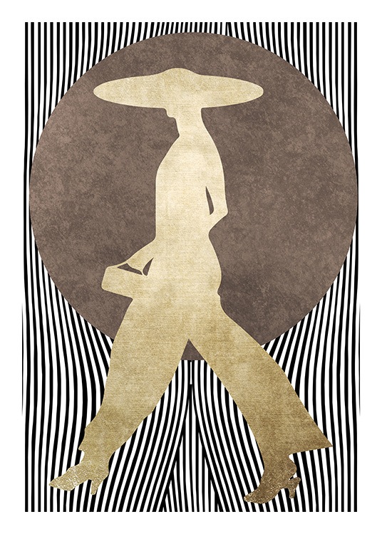  - Grafisk design med en kvinne i gull foran en brun sirkel og stripete bakgrunn
