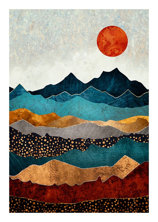  - Grafisk illustrasjon med et fargerikt fjellandskap med en rød sol i bakgrunnen