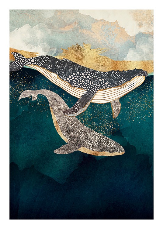  - Grafisk blå illustrasjon av to hvaler som svømmer i et hav