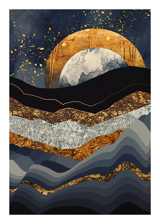  - Grafisk illustrasjon av et blått fjellandskap med en gyllen måne i bakgrunnen
