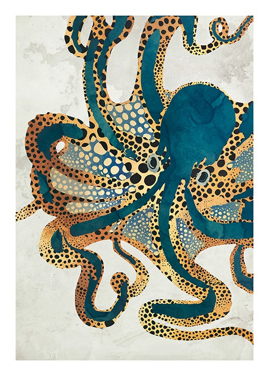  - Grafisk illustrasjon av en oransje og blå blekksprut mot en beige bakgrunn