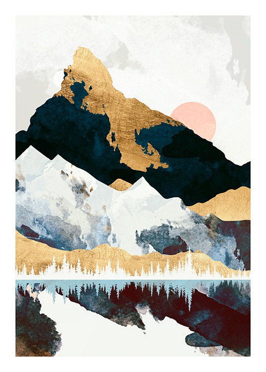  - Grafisk illustrasjon av et landskap med fjell og en måne som speiler seg i en innsjø