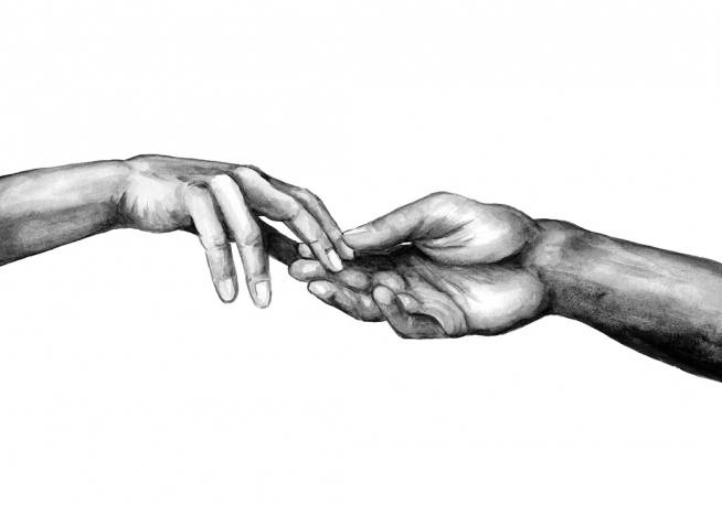  - Svart-hvitt akvarell av to hender som strekker set mot hverandre