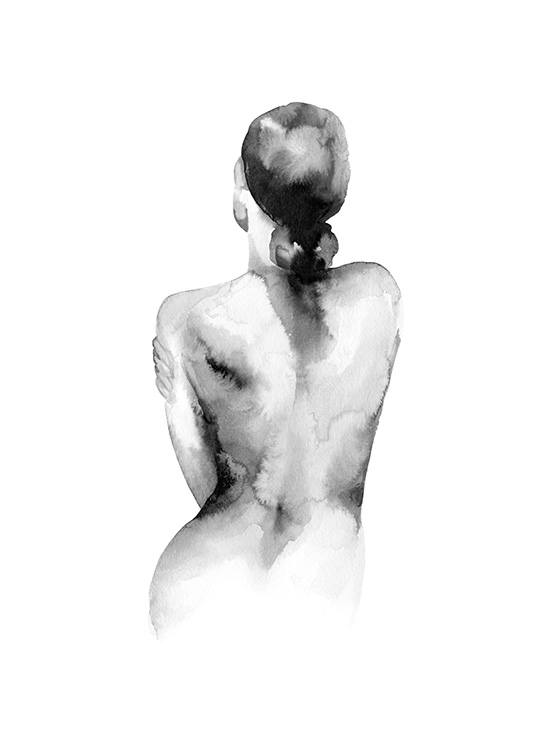  - Svart-hvitt akvarell av en naken kvinne sett bakfra