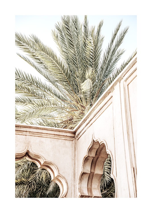  - Fotografi av en beige bygning med buer foran en palme