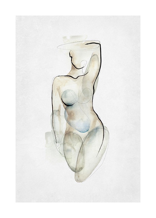  – Akvarell av en naken kvinnekropp i beige, blått og grått