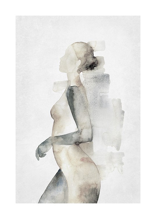  – Akvarell av en naken kvinne sett fra siden, i beige og grått