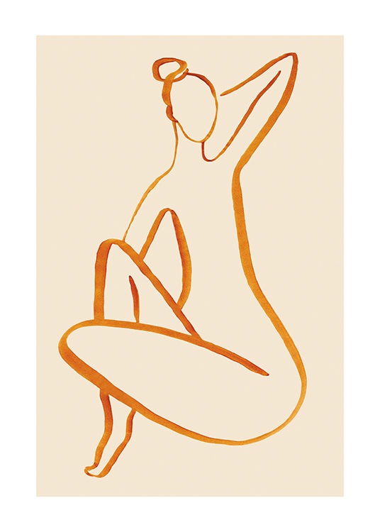  – Line art-illustrasjon av en naken kvinne, tegnet i oransje mot en lys beige bakgrunn