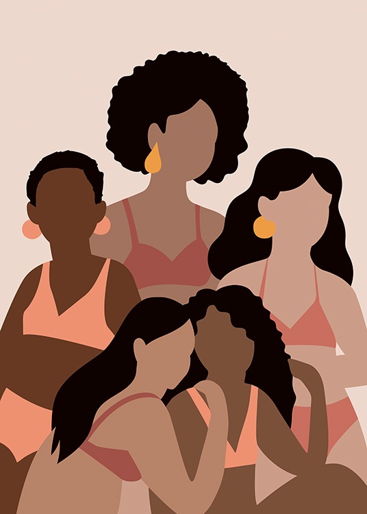  – Grafisk illustrasjon med kvinner iført rosa og beige bikinier, som står sammen