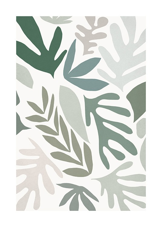  – Grafisk illustrasjon med grå, beige og grønne blader mot en lys beige bakgrunn
