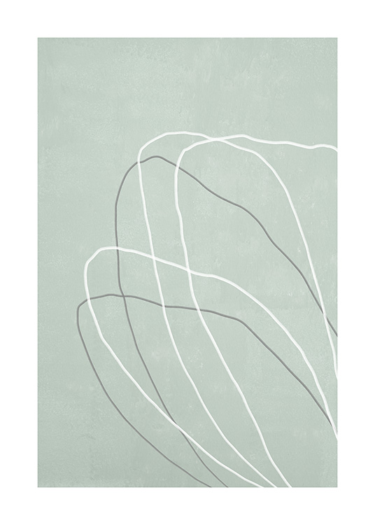  – Grafisk illustrasjon med grå og hvite linjer som danner blomsterblader mot en grønn bakgrunn