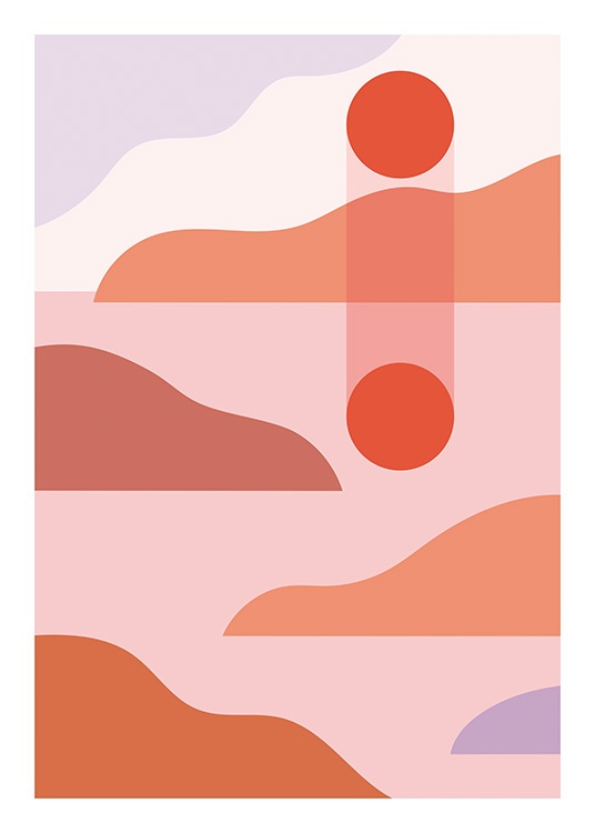  – Abstrakt grafisk illustrasjon med en solnedgang i rødt, lilla og rosa