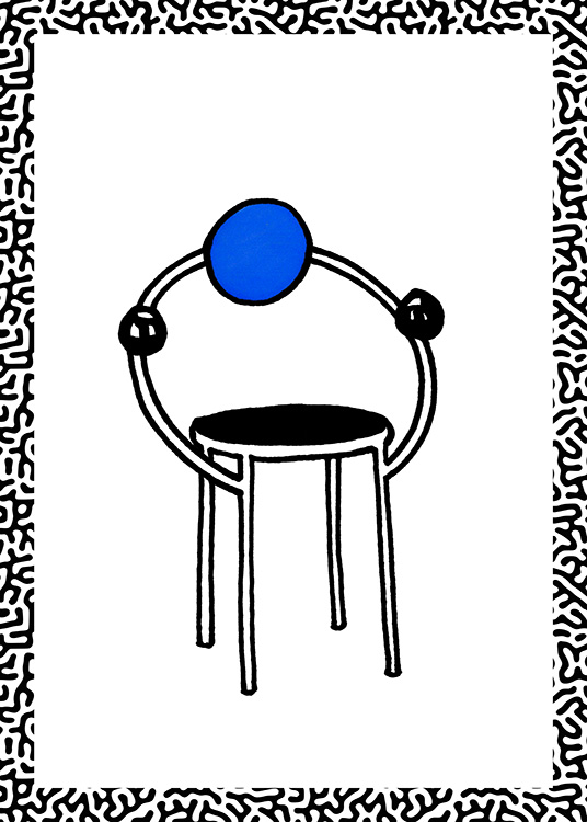  – Grafisk illustrasjon med en abstrakt stol med rund ryggstøtte og et mønster rundt kanten
