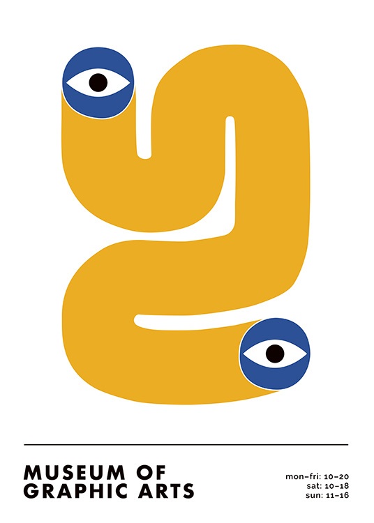  – Abstrakt grafisk illustrasjon av en gul virvel med blå øyne i endene