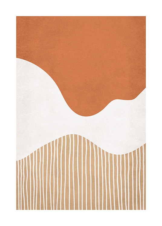  – Grafisk illustrasjon i oransje, hvitt og beige, med abstrakte former og linjer