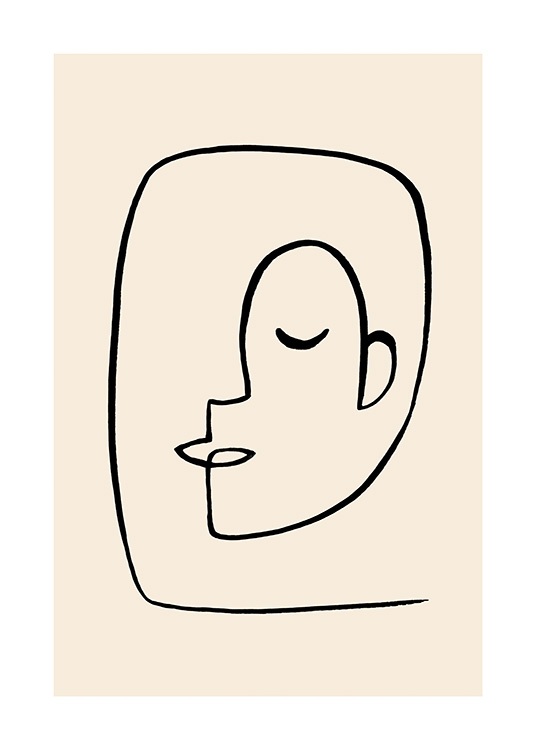  – Line art-illustrasjon med et abstrakt ansikt i svart mot en lysegul bakgrunn