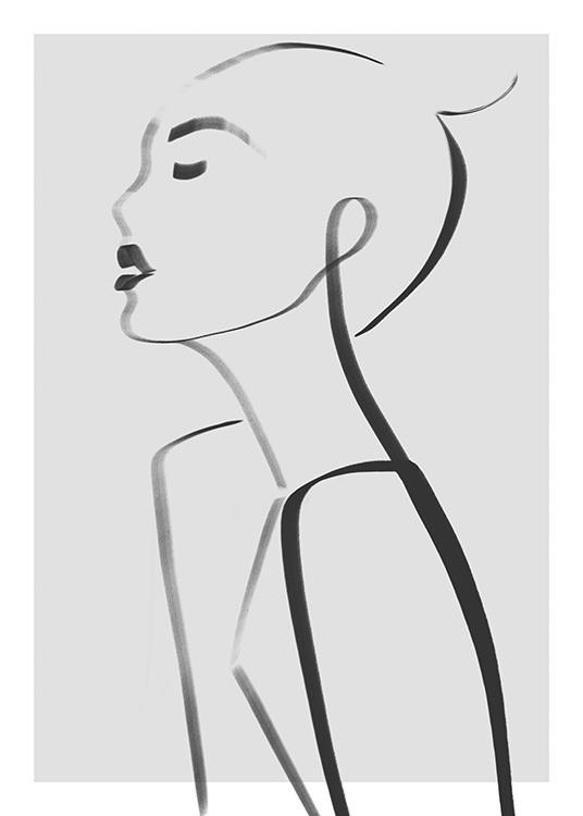  – Illustrasjon av en overkropp og et ansikt i svart line art mot en grå bakgrunn