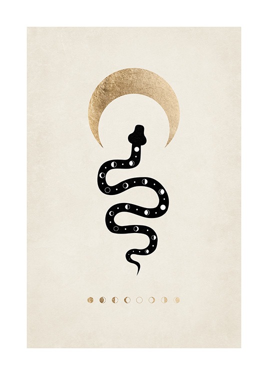  – Grafisk illustrasjon med månefaser og en halvmåne rundt en svart slange