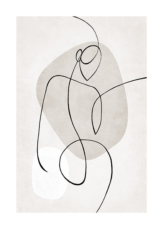  – Abstrakt line art-illustrasjon med en kropp mot en beige bakgrunn, med former i beige og hvitt