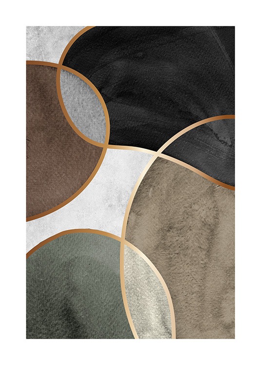  – Abstrakt illustrasjon med svarte og brune former med gylne konturer mot en grå bakgrunn