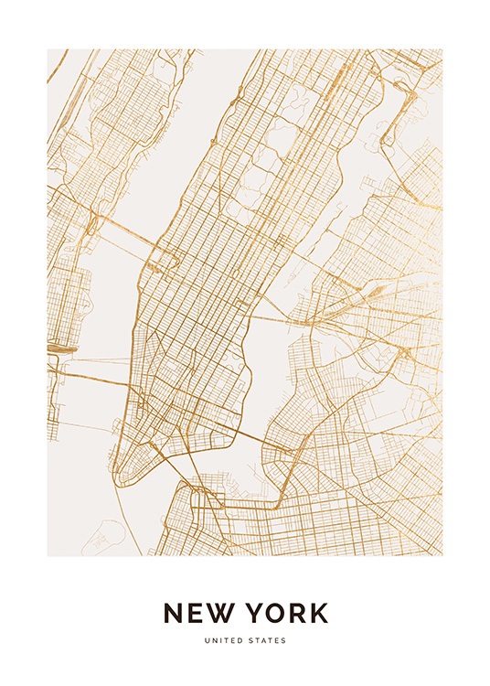  – Gyllent kart over New York mot en hvit bakgrunn, med tekst nederst