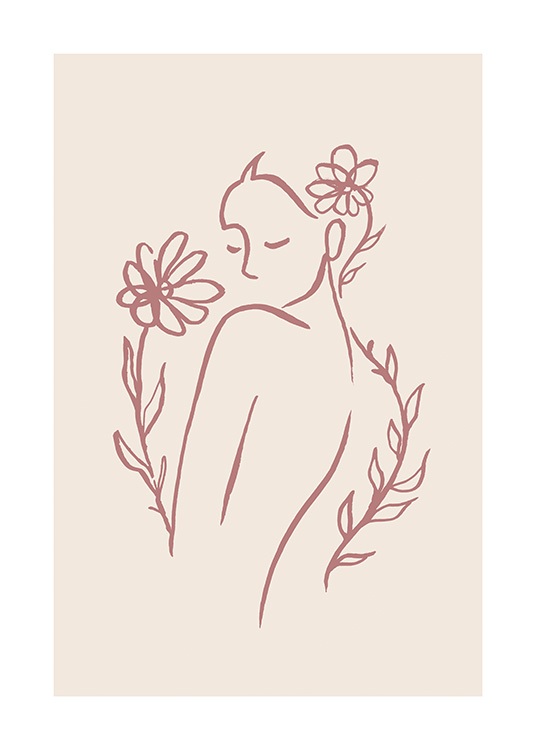  – Line art-illustrasjon av en kvinne omgitt av blomster, mot en beige bakgrunn