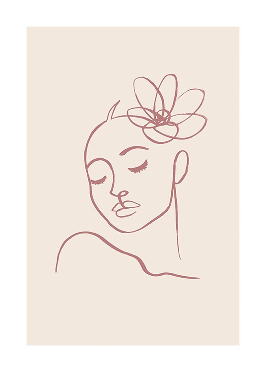 – Illustrasjon av en kvinne med en blomst i håret, med linjer i lyserødt mot en beige bakgrunn