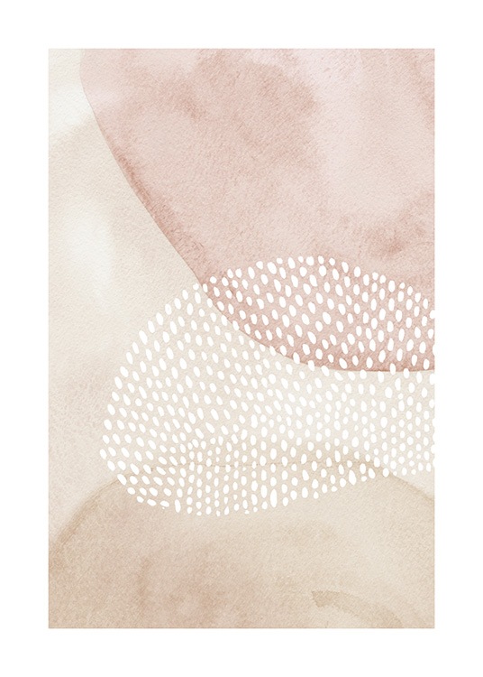  – Illustrasjon med rosa og beige former bak en form som er dannet av små, hvite prikker