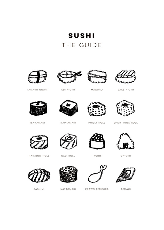  – Sushityper tegnet i svart, med navnet skrevet under, og med teksten «Sushi The guide» øverst