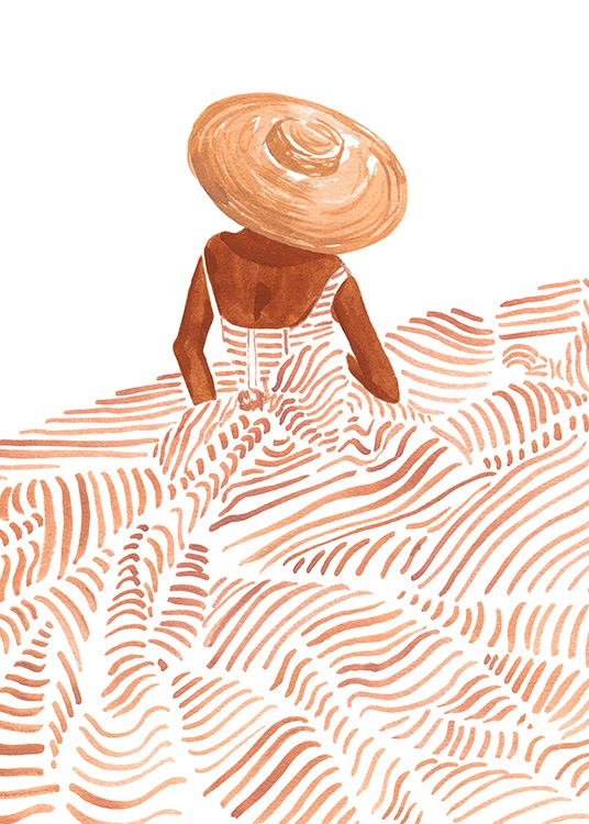  – Akvarellillustrasjon av en kvinne iført en stor kjole med oransje striper, og en solhatt