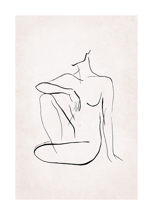  – Line art-illustrasjon av en naken kropp som sitter, malt i svart mot en lyserosa bakgrunn