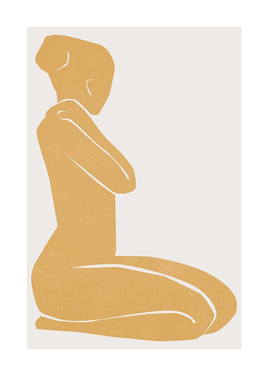  – Grafisk illustrasjon av en kvinne som sitter på kne, malt i gult
