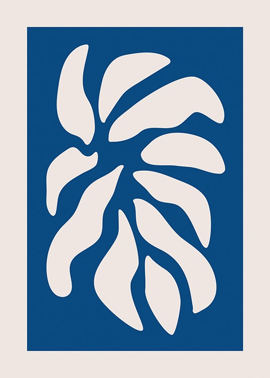  – Grafisk illustrasjon av beige kronblader mot en mørkeblå bakgrunn omkranset av en beige kant