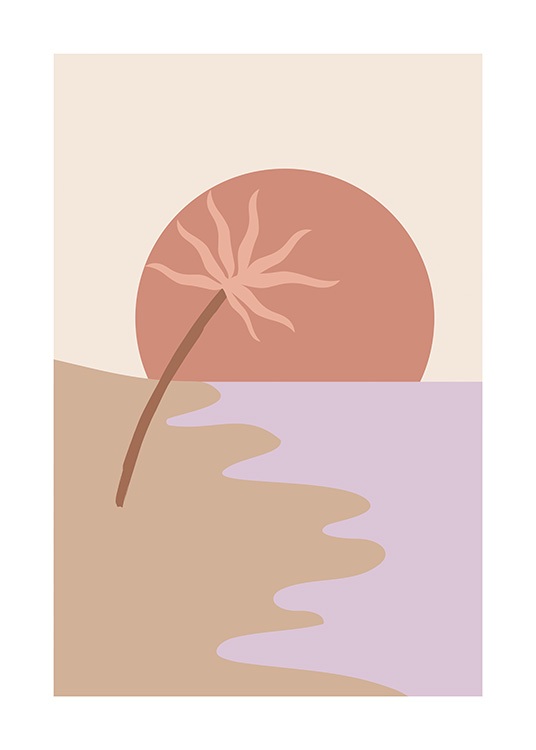  – Grafisk illustrasjon av en strand, med en palme på stranden og en rød sol i bakgrunnen