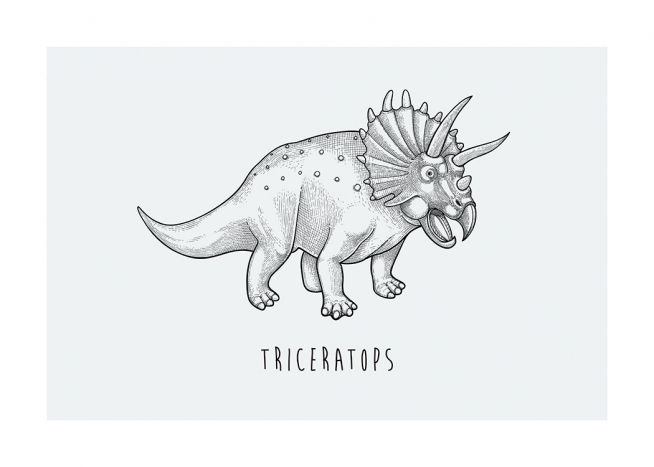  – Illustrasjon av en triceratops, tegnet i svart mot en blågrønn bakgrunn