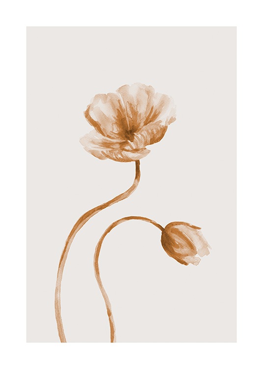 – To blomster i brunt og beige, malt i akvarell, mot en lysebeige bakgrunn
