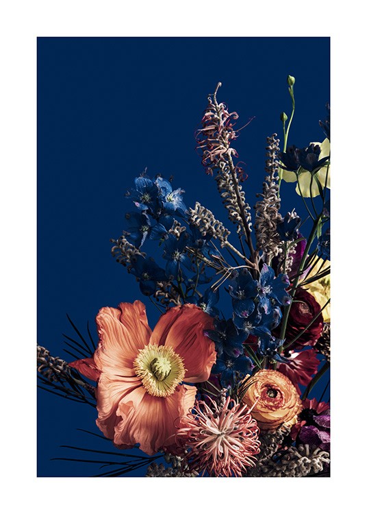  – Fotografi av røde og blå blomster i en fargerik bukett, mot en mørkeblå bakgrunn