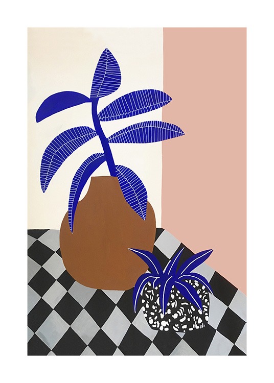  – Grafisk illustrasjon ar potter med to blå planter mot en hvit og rosa bakgrunn