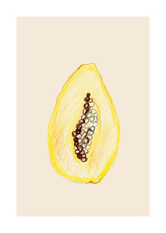  – Illustrasjon av en gul papaya mot en lys beige bakgrunn