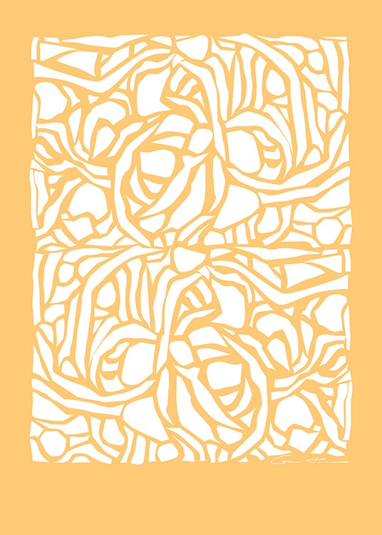  – Abstrakt grafisk illustrasjon med hvite former mot en gul bakgrunn
