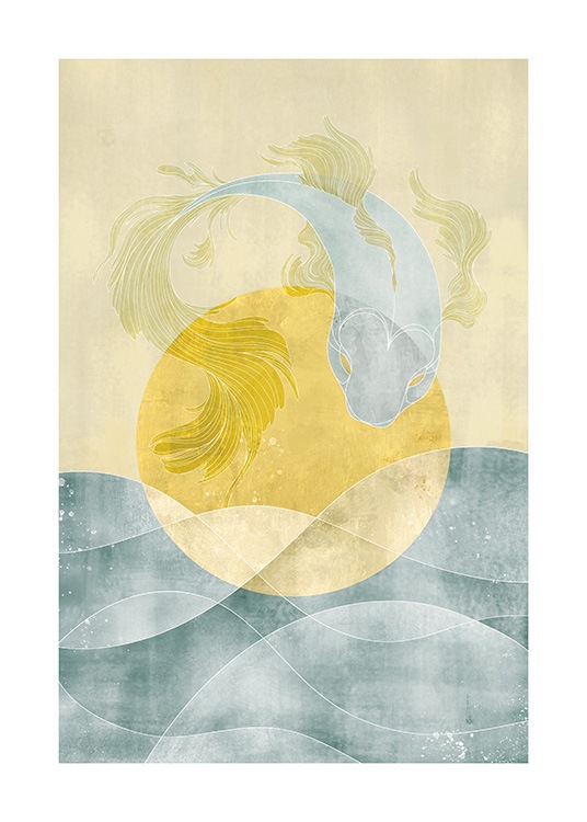  – Illustrasjon av en fisk i blått og gult, med et hav og solen i bakgrunnen
