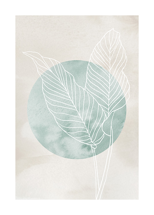  – Hvite blader i line art, med en grønn sirkel bak mot en beige bakgrunn