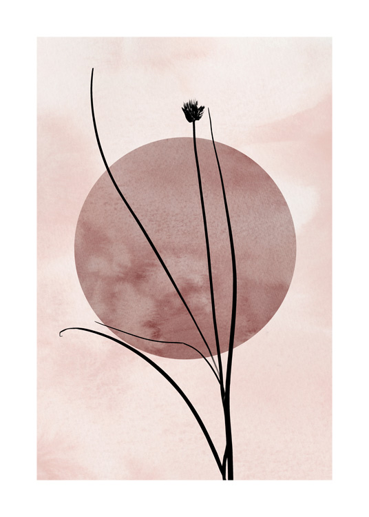  – Illustrasjon med gresstrå i svart mot en rosa bakgrunn, med en mørk rosa sirkel i midten