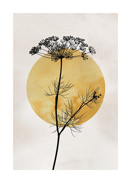  – Illustrasjon av mørkegul sol bak en svart plante, mot en beige bakgrunn