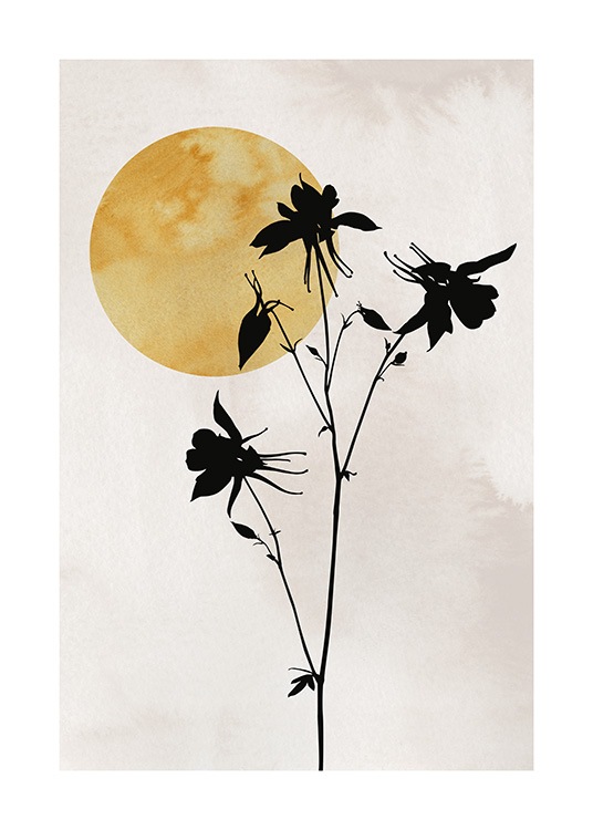  – Illustrasjon med små, svarte blomster mot en beige bakgrunn med en gul sol i hjørnet