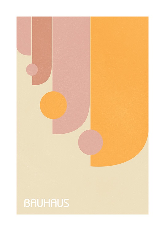  – Grafisk illustrasjon i Bauhaus-stil med geometriske former i oransje og rosa